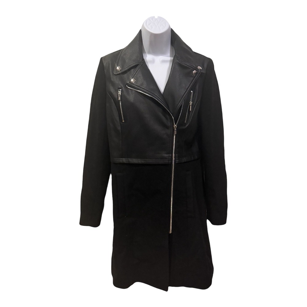 Express Womens Black Mixed Media Moto Wool Blend Longline Coat Jacket Small
